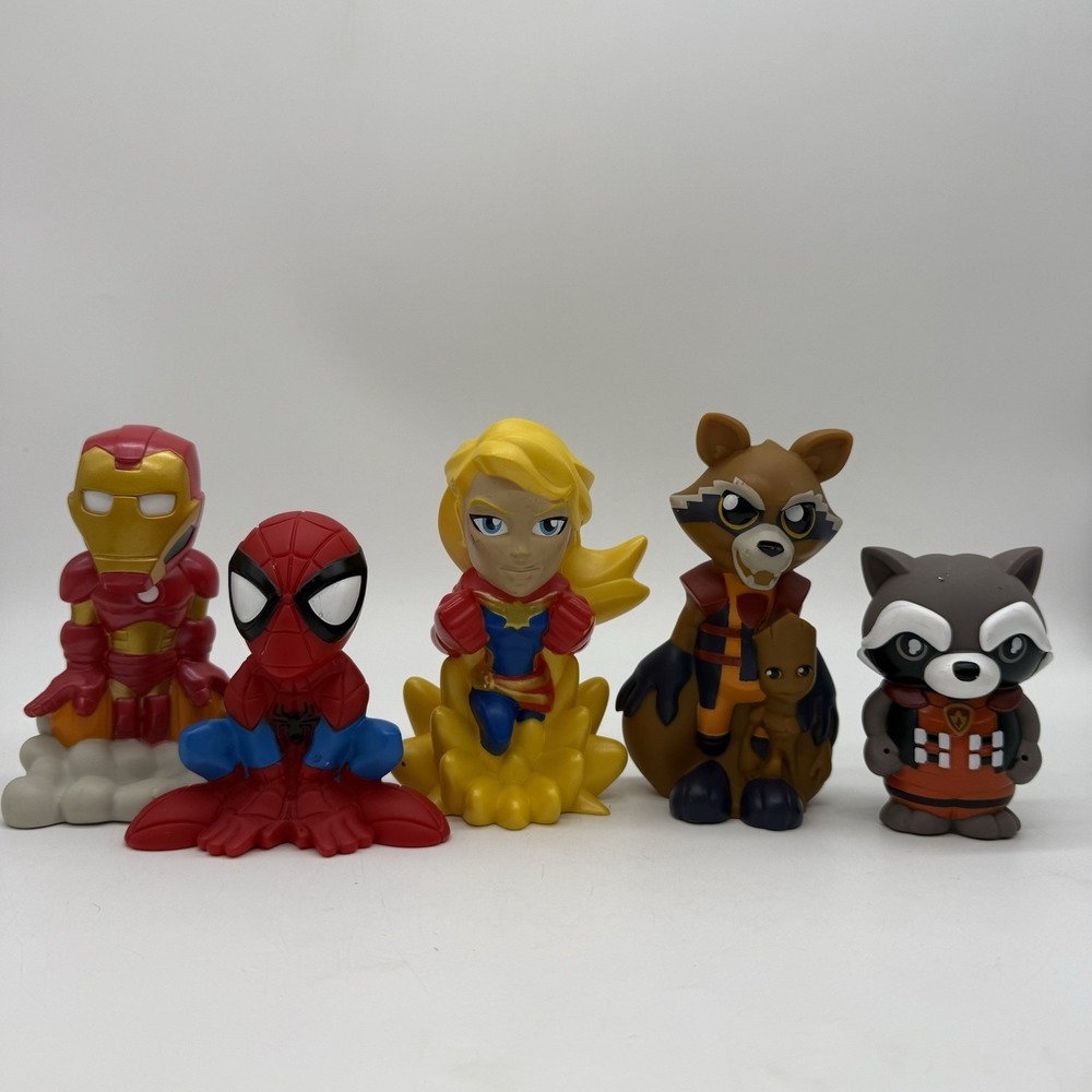 Marvel's Avengers 5pc Bath Toy Set Spiderman Rocket Iron Man Ms Marvel